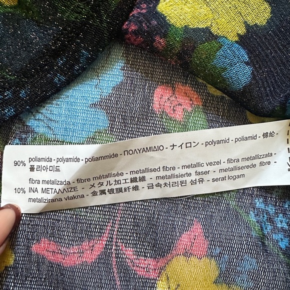 Zara Floral Sheer Blouse Women’s | Sz Large |  Shimmer | Blue, Yellow, Black - Picture 3 of 8